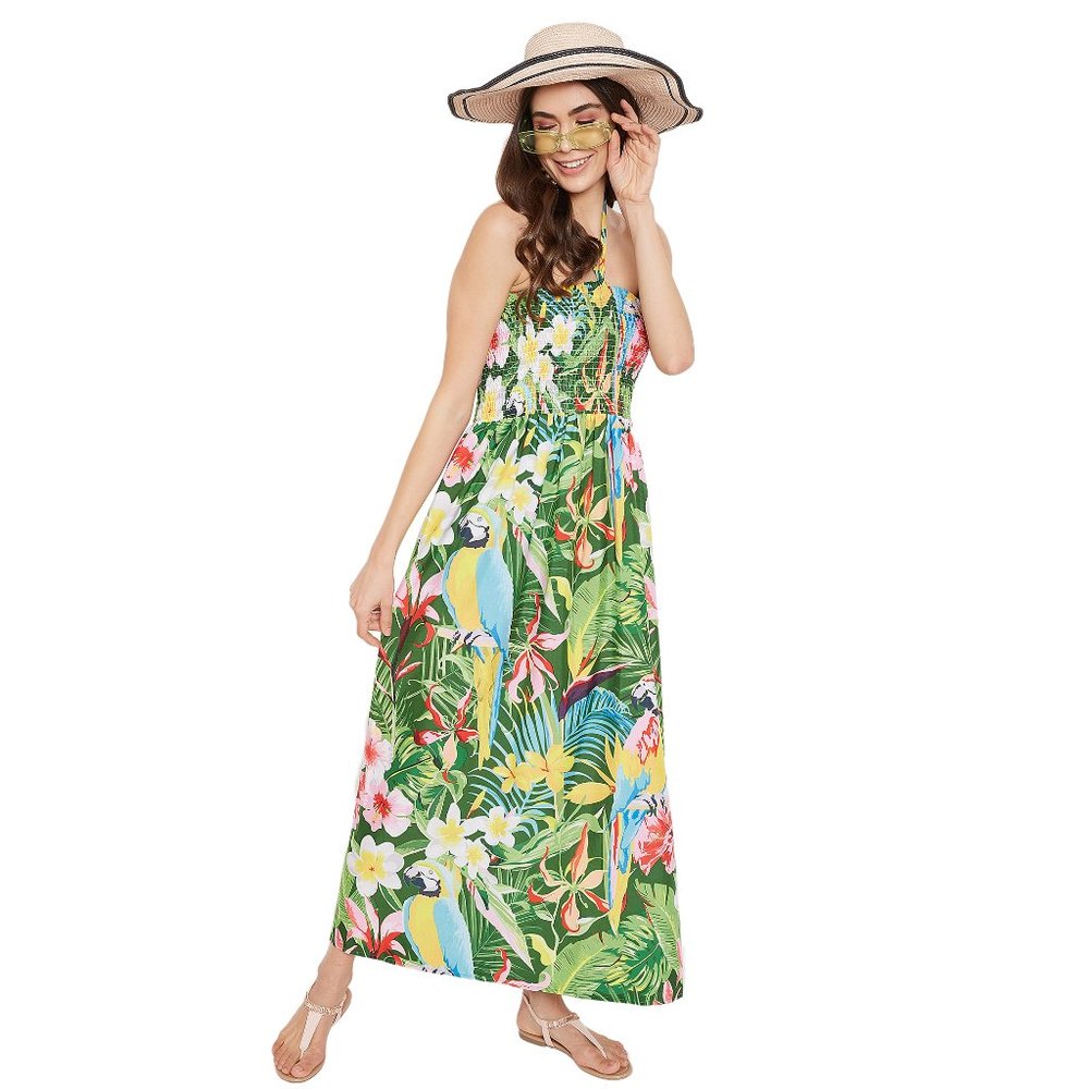 Leaf Print Green Polyester Tube Dress for Women - Picture 6 of 6